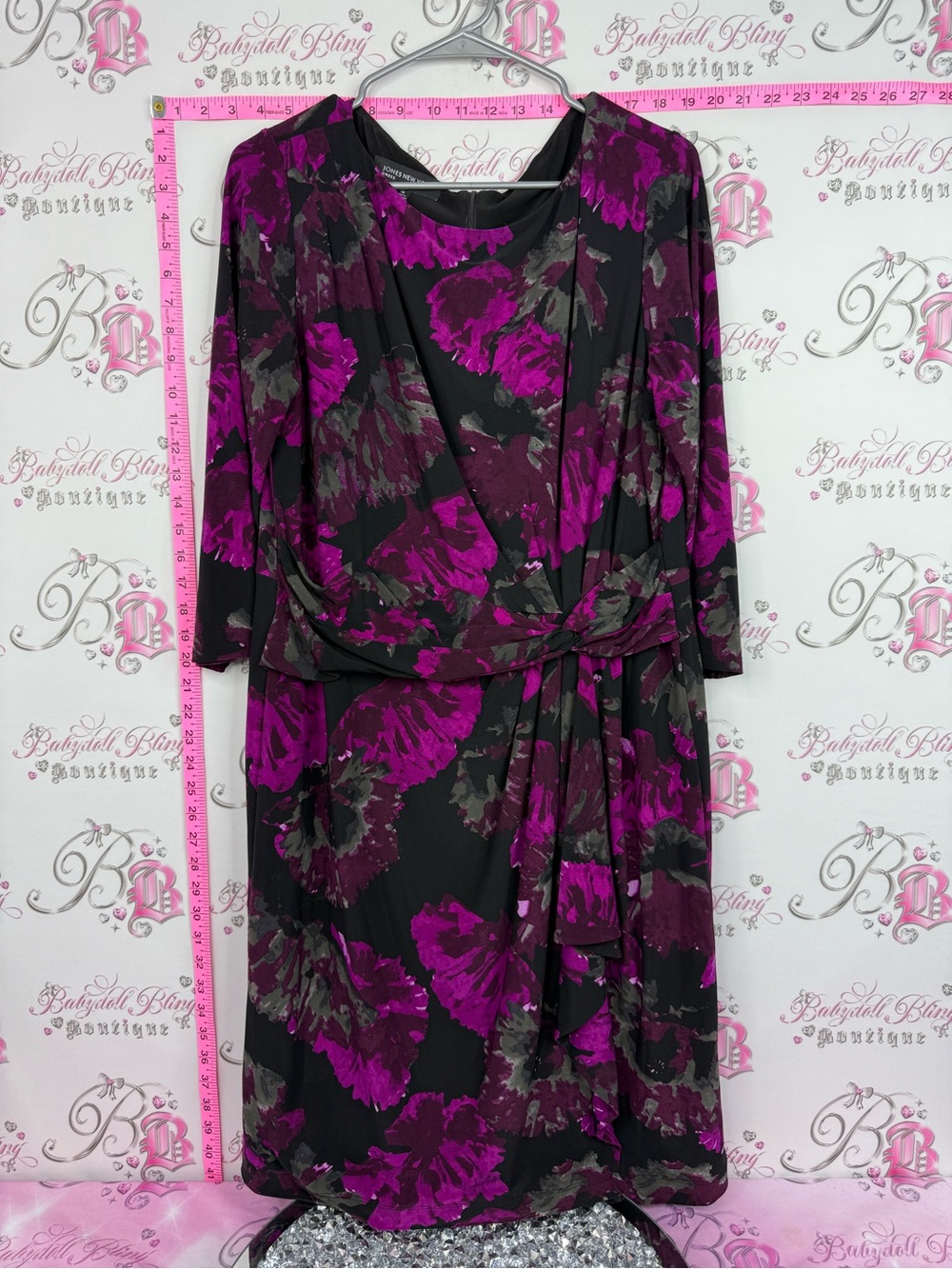 Jones New York Black Dress with Magenta and Gray Floral Print purple